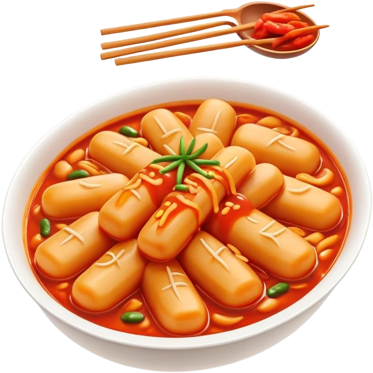 Cinematic Realistic Tteokbokki Dish Emoji, showcasing spicy, chewy rice cakes in a fiery sauce rendered with lifelike detail and bold, dynamic lighting. emoji