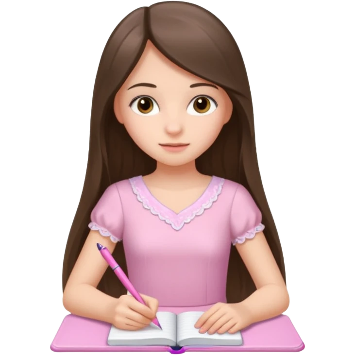 pretty white brunette teen long hair with hazel eyes in a light pink dress writing in a notebook with a pink pen emoji