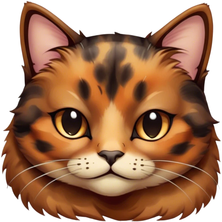 Meme-Worthy Cute Sleeping Tortoiseshell Cat Portrait Emoji, Head resting with a serene, sleepy smile and softly closed, dreamy eyes, showcasing a warm, mottled fur of rich browns and blacks, simplified yet adorably detailed, glowing with a gentle, drowsy radiance, high shine, exuding relaxed, heart-melting charm, styled with a soft glowing outline, capturing the essence of a sleeping tortoiseshell cat that radiates pure, peaceful cuteness! emoji