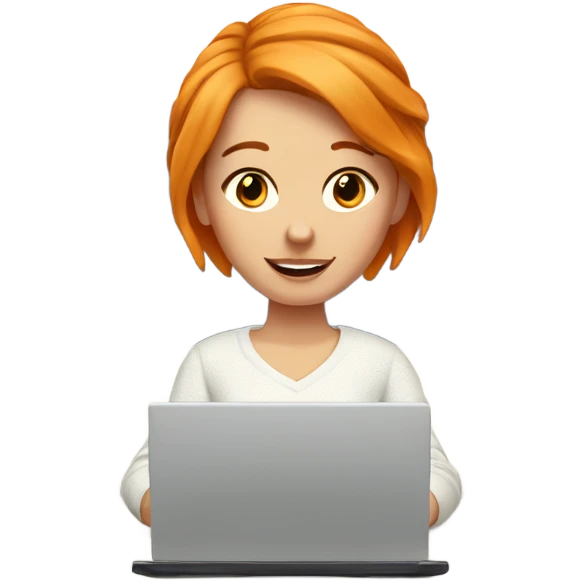 Orange-haired white girl in white sweater working on a laptop in a cozy bed emoji