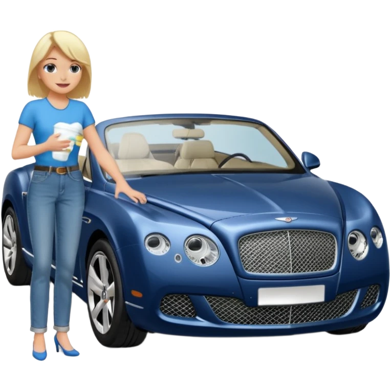 A heavy set middle aged blond lady in blue jeans washing a black Bentley car. show the full car and the lady next to it. show the face smaller and the person standing beside it...use the  emoji
