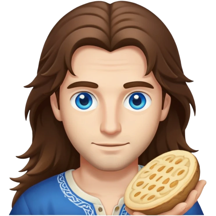 Northern italian guy with long hair and blue eyes with empada in hand emoji