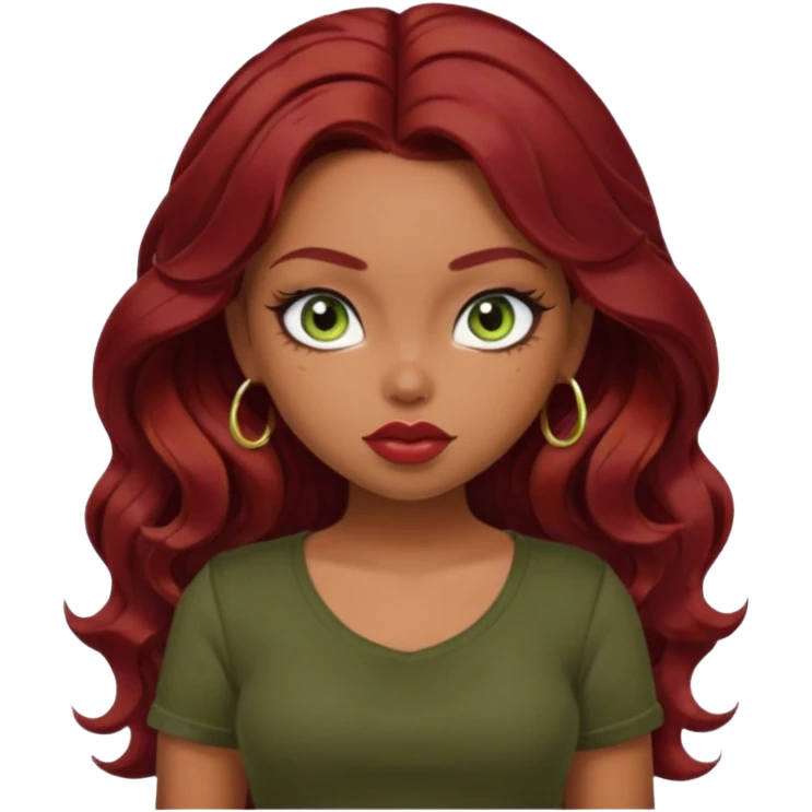 a pretty fair bratz girl with wavy dark red hair, wearing a black tee. eyeliner on, olive green eyes. Till stomach emoji