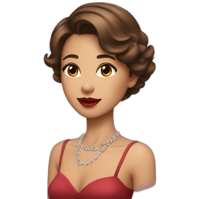 A girl with brown eyes brown short hair wearing necklace and red lipstick  emoji