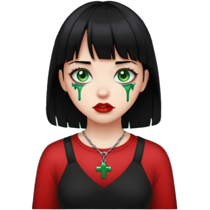 Guria com cabelo preto franjinha sangrando olhos verdes  fundo preto e um piercing bridgepiercing emoji