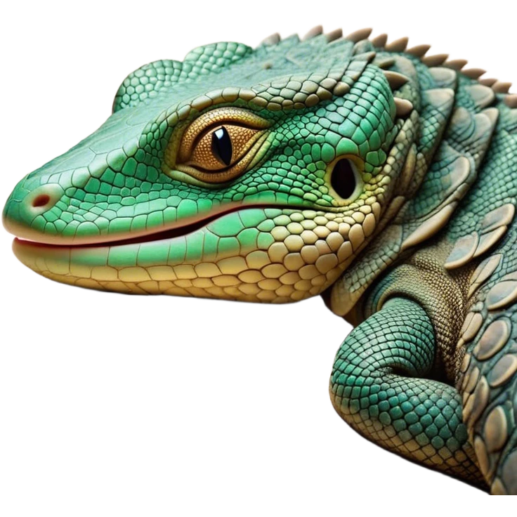 Meme-Worthy cute Sleeping Monitor Lizard Portrait Emoji, Head resting peacefully with a contented smile, showcasing intricately patterned scales and eyes gently closed in serene slumber, Simplified yet comically adorable features, highly detailed, glowing with a soft, drowsy earthy light, high shine, relaxed and utterly lovable, stylized with an air of playful laziness, bright and heartwarming, soft glowing outline, capturing the essence of a sleeping reptilian guardian that feels destined to become the next viral icon of adorable rest! emoji