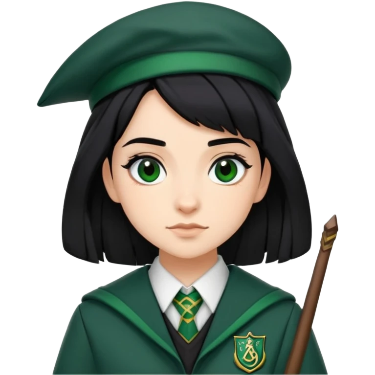 Pansy Parkinson in harry potter, wear hogwarts slytherin uniform, black hair, not wearing hat emoji