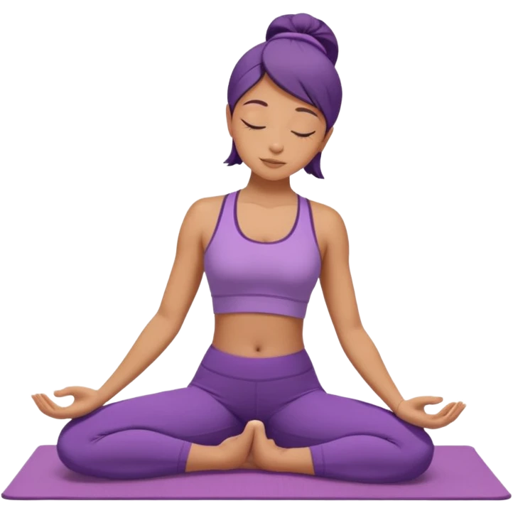 	A woman in purple yoga wear resting in child’s pose, soft white background, peaceful energy. emoji