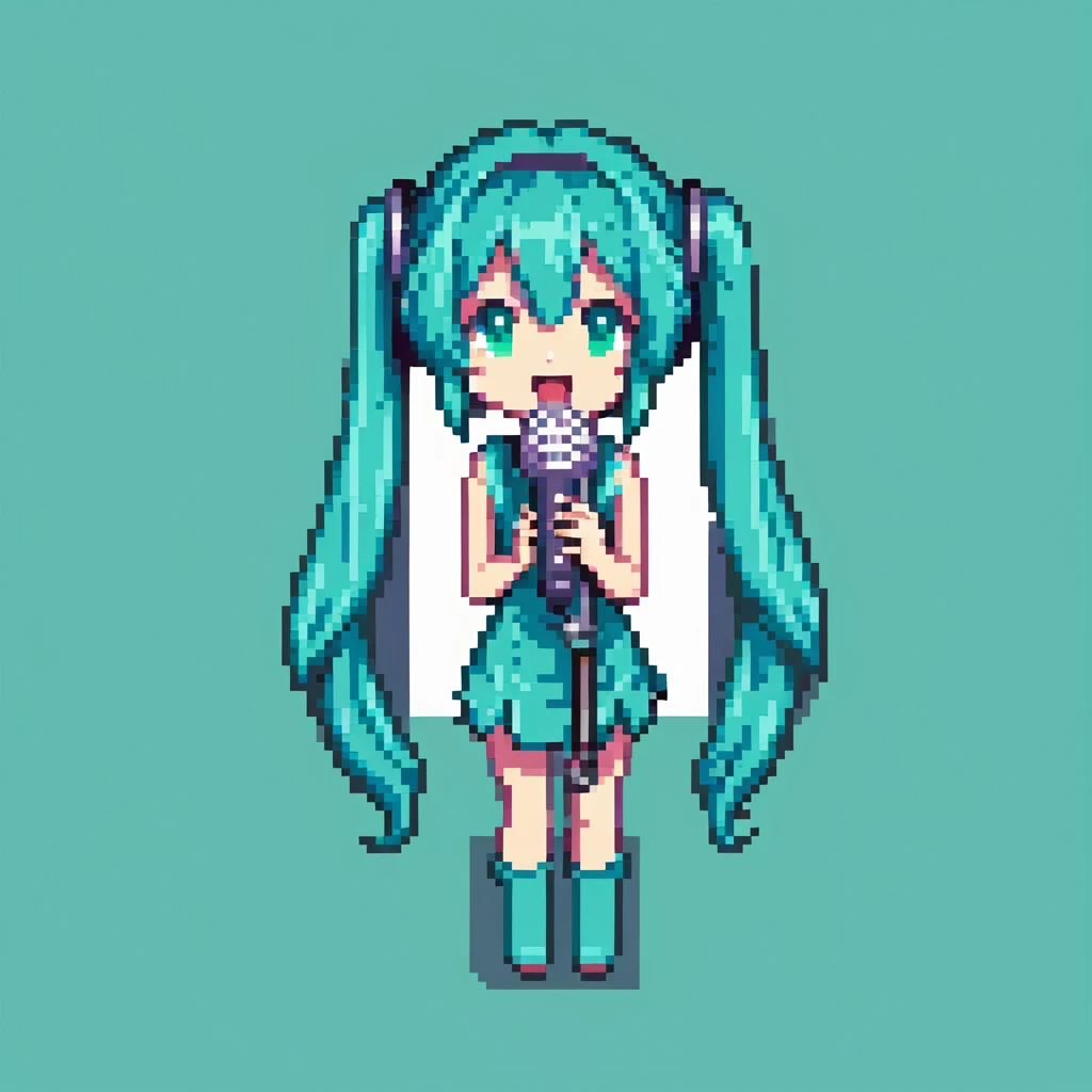 Hatsune Miku singing with a microphone, teal hair, pixel art character emoji