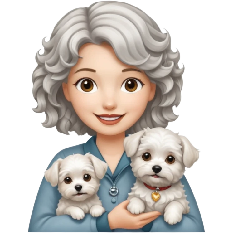 silver, short, wavy-haired with loose curls, smiling pretty lady holding a westie dog and a lhasa apso dog emoji