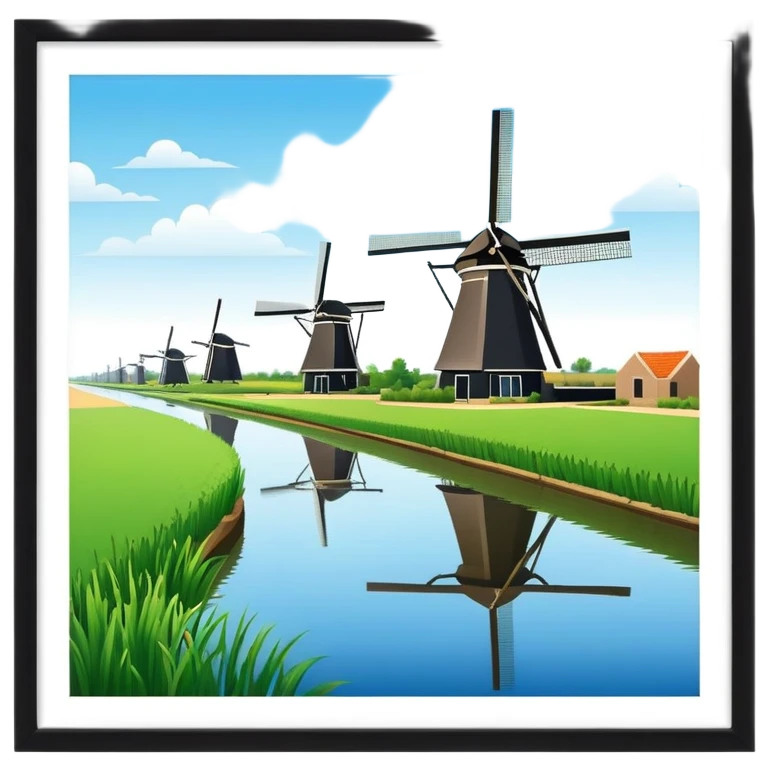 cinematic-realistic-kinderdijk-windmills-landmark-emoji,-showcasing-traditional-dutch-windmills-aligned-along-a-tranquil-canal,-with-lush-green-fields in a picture frame emoji