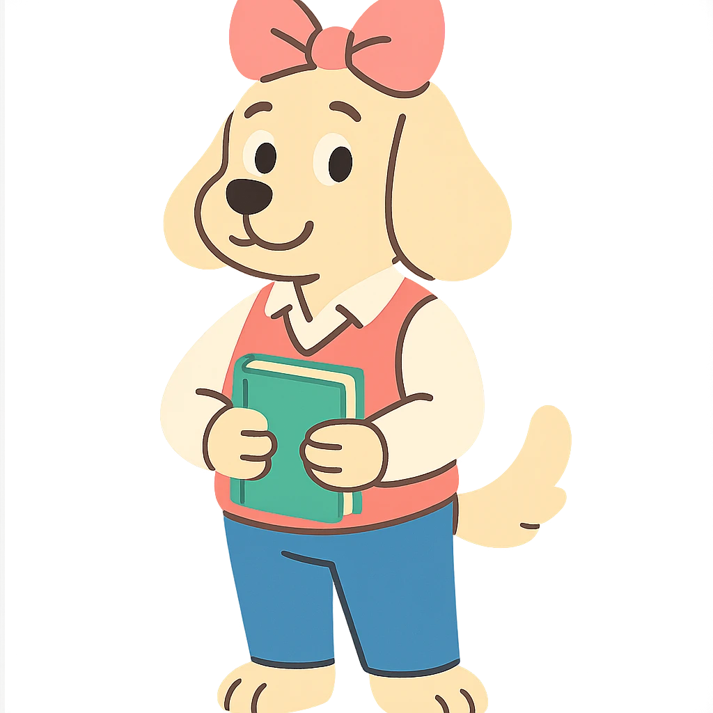 preppy dog with a pink head piece bow, standing with a book, pastel toon style emoji