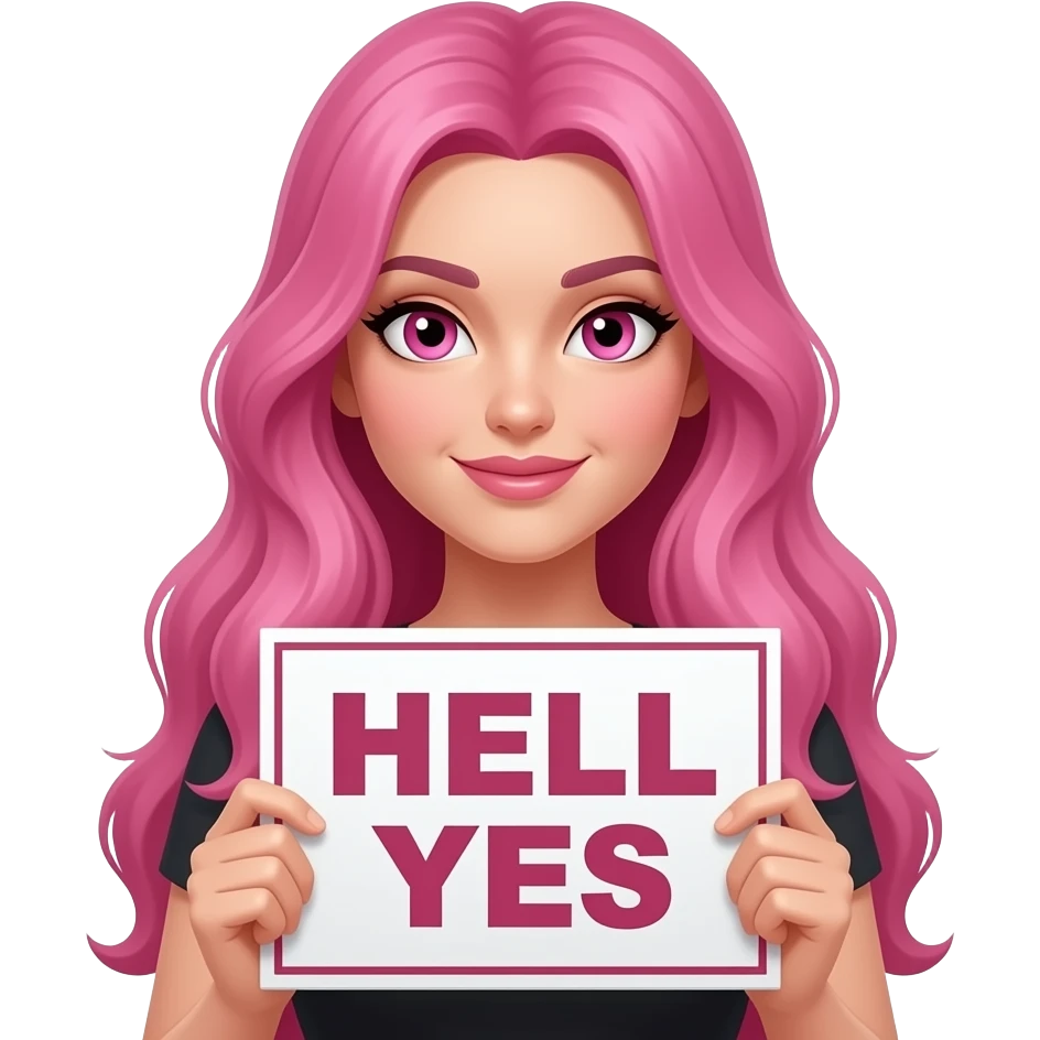 sexy girl with long pink hair and pink eyes wearing a holding a HELL YES sign emoji