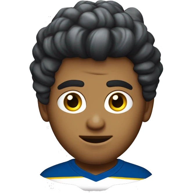 crea un chico con el pelo con ondas semi largo blanco, con la camiseta de boca juniors y que tenga grandes ojos y pequeña nariz y con cejas gruesas emoji