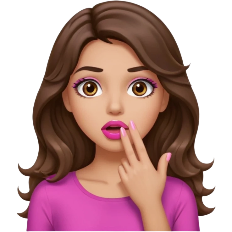 girl with long wavy brown hair, brown eyes, long lashes makeup, sexy pink lips, light to medium complexion, pink sexy top, shocked, hand covering mouth emoji