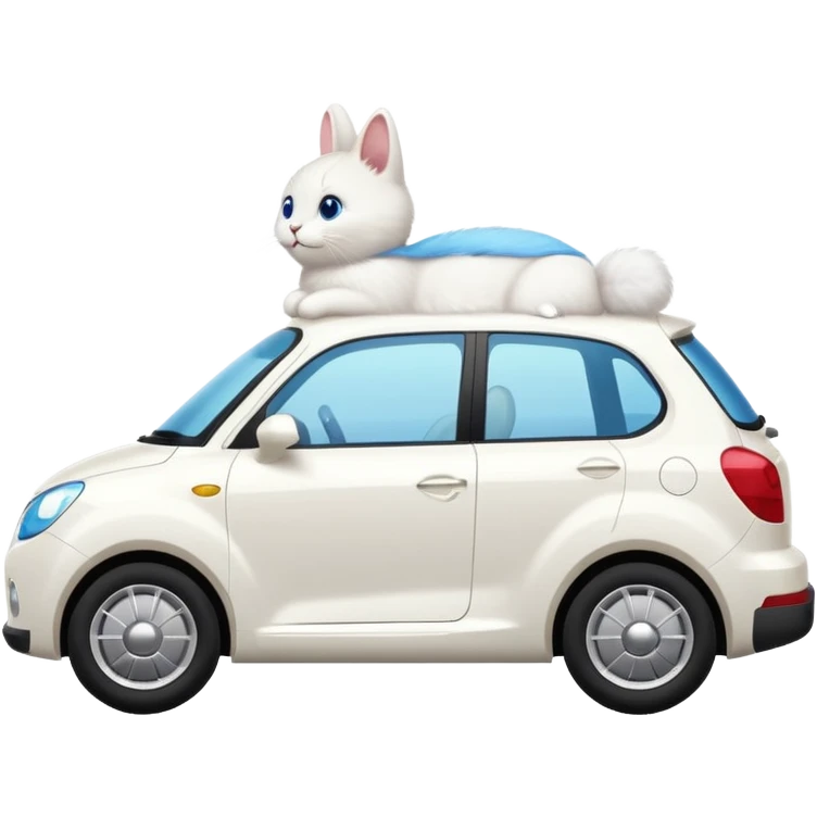 Please create a small emoji the size of 🚗 featuring a pure white cat with bunny tail with blue eyes on a white saloon car viewed from side. Again it is necessary that the emoji must be extremely small, much smaller than a standard sized sticker. emoji