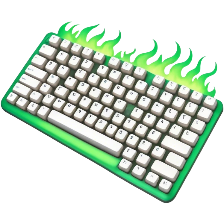White-colored cool mechanical keyboard 65% in greenish fire flames in the background. emoji