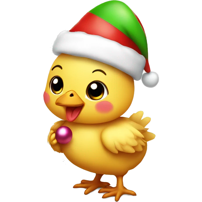 Baby chicken wearing christmas hat holding balloon emoji
