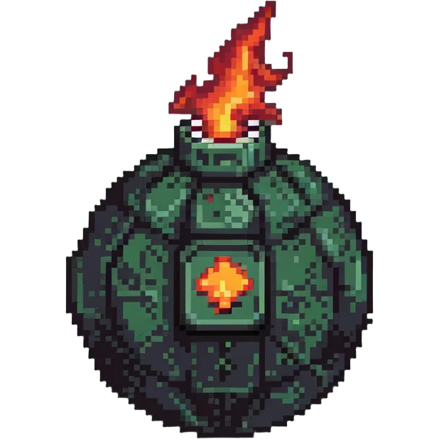 Red digital bomb with flame-shaped fuse at the top, round black bomb body with red accents, pixel art style emoji