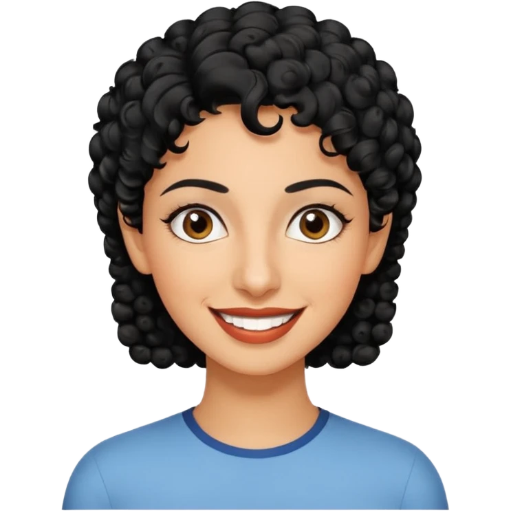 30 year old iranian woman very short curly black hair, big brown eyes, tanned skin, big smile, white teeth, pretty, stylish, shorter hair, boy cut hair emoji