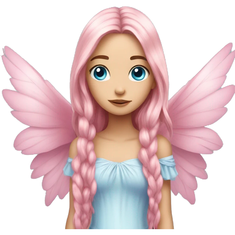 big wings, rose, Beautiful, fairy, pink, long hair, blue eyes  emoji