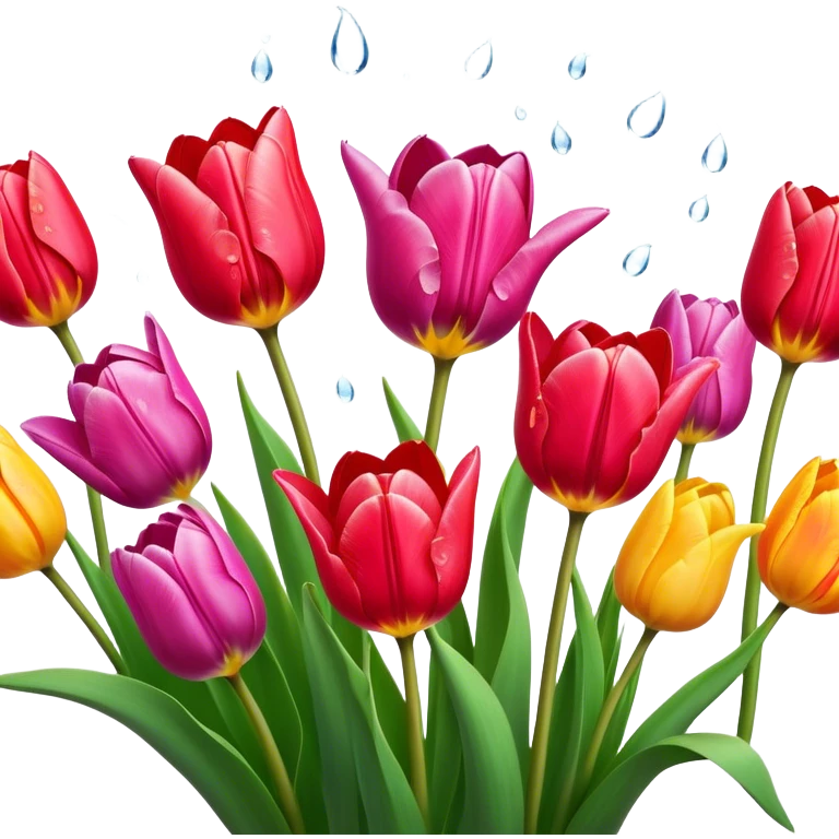 Tulips – Cinematic Realistic Tulips, depicted as a vibrant field of blooming tulips in brilliant hues, each delicate petal catching dewdrops under soft, natural spring light, rendered with detailed textures and a dreamy, picturesque glow. emoji