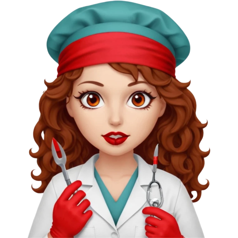 Scary woman scalpel in hand, evil surgeon sexy surgeon clothes.  She has red eyes. Her  brown long curly hair. Wears sexy doctor outfit with red gloves. Only uses red bandanna  to hide her face mouth with red bandana to hide her identity emoji