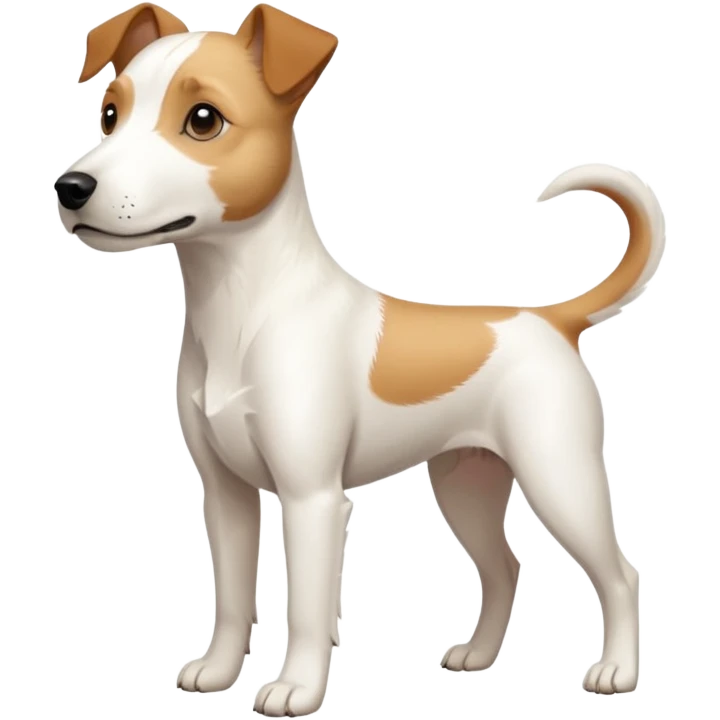 a full body facing front on of a buff white parson russell terrier looking dog the size of a kelpie with light brown long ears and a light brown patch on one eye and a large snout. the rest of the dog is completely white.  emoji