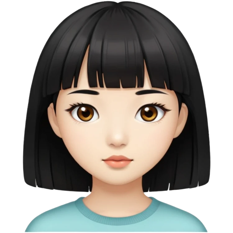 Asian girl with fair skin, brown eyes with long eyelashes, short black hair and bangs emoji