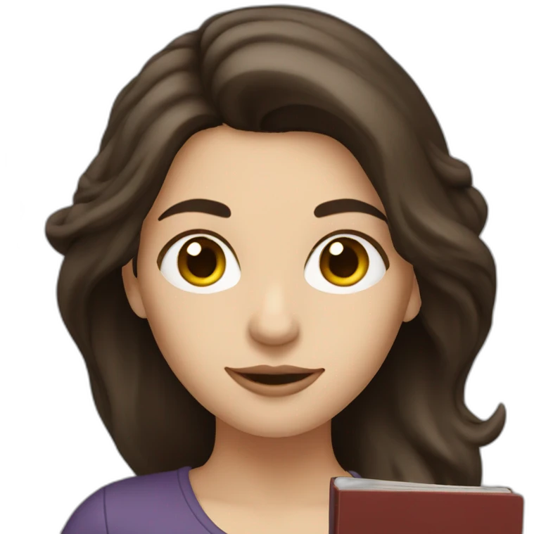 White woman with dark brown hair holding a book emoji