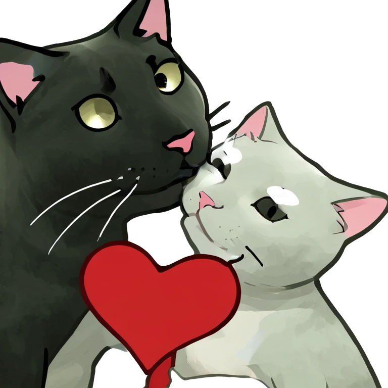 Black cat is bigger and he is kissing a white cat with hearts  emoji