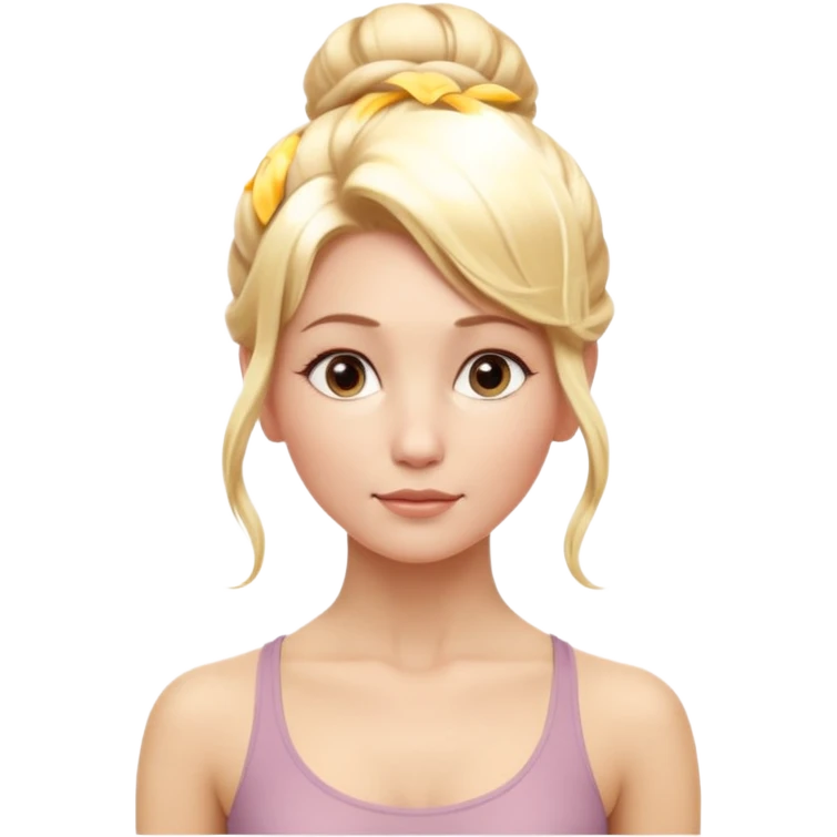 Cinematic Realistic yoga Portrait, depicted with lifelike skin texture, subtle rosy undertones, and soft natural lighting that enhances the gentle contours of her face. Her intricately detailed golden blonde hair is elegantly styled in an updo, emoji