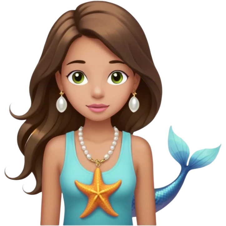 Create a teen girl wearing a light blue tank top. She will have long brunette hair, tan skin, pink lips, and grey-green eyes. She has long eyelashes. She also has light freckles and is wearing a gold charm necklace that has an n on it, a pearl, a sun, a starfish, a mermaid tail, and seashell emoji