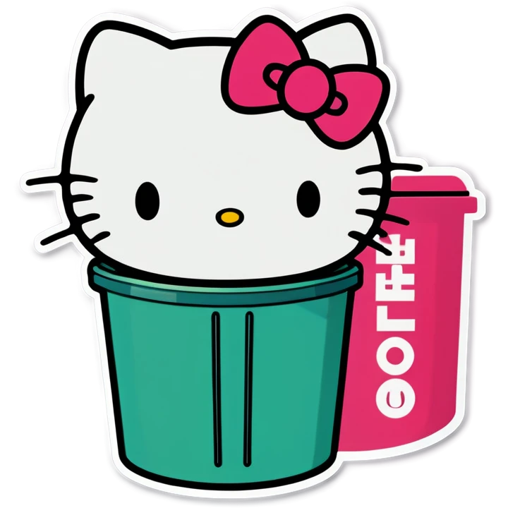 A trash bin that says goodbye with hello Kitty in it emoji
