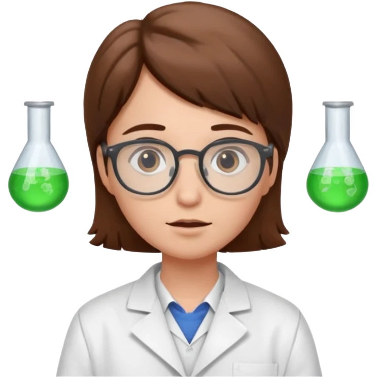 Portrait of a young scientist wearing a white lab coat, glasses, curious expression emoji