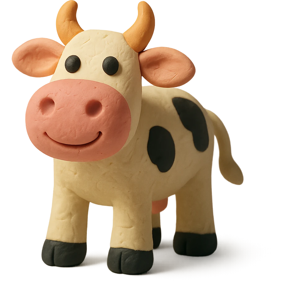 claymation style cow with a friendly face and pink nose emoji