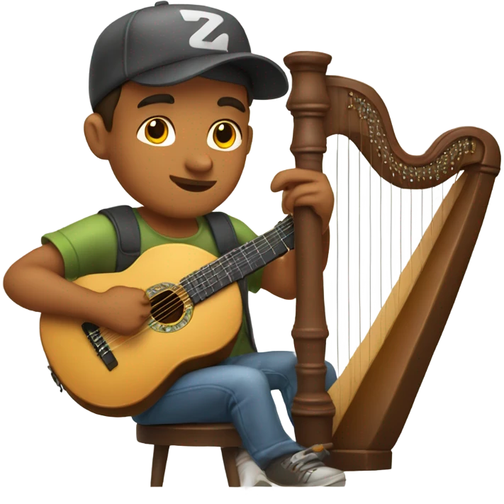 Young guy casual with ball cap playing a big harp that looks similar to a banjo  emoji