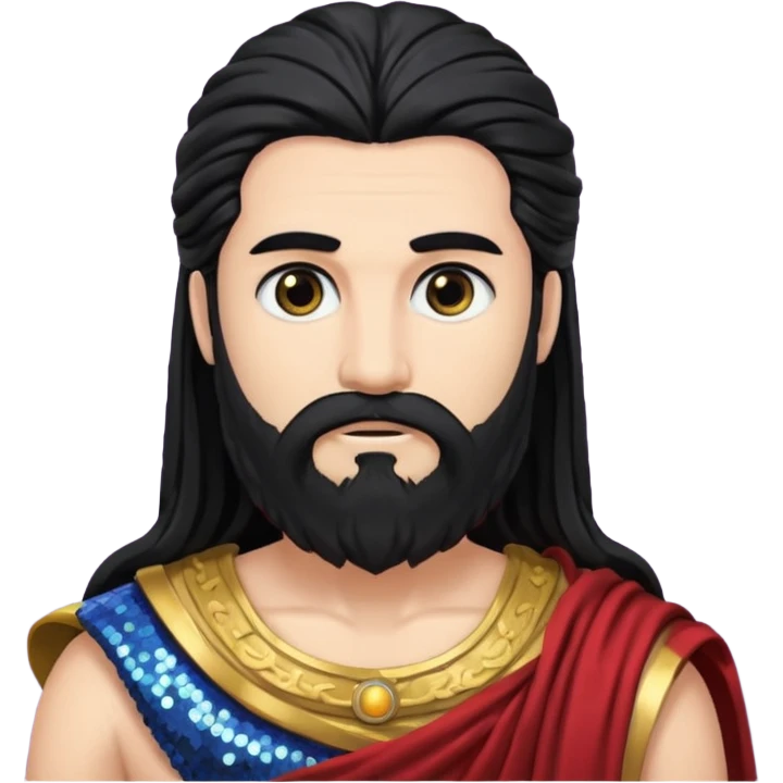 Saturn Time God with long black hair and beard, dark grey sequin toga emoji