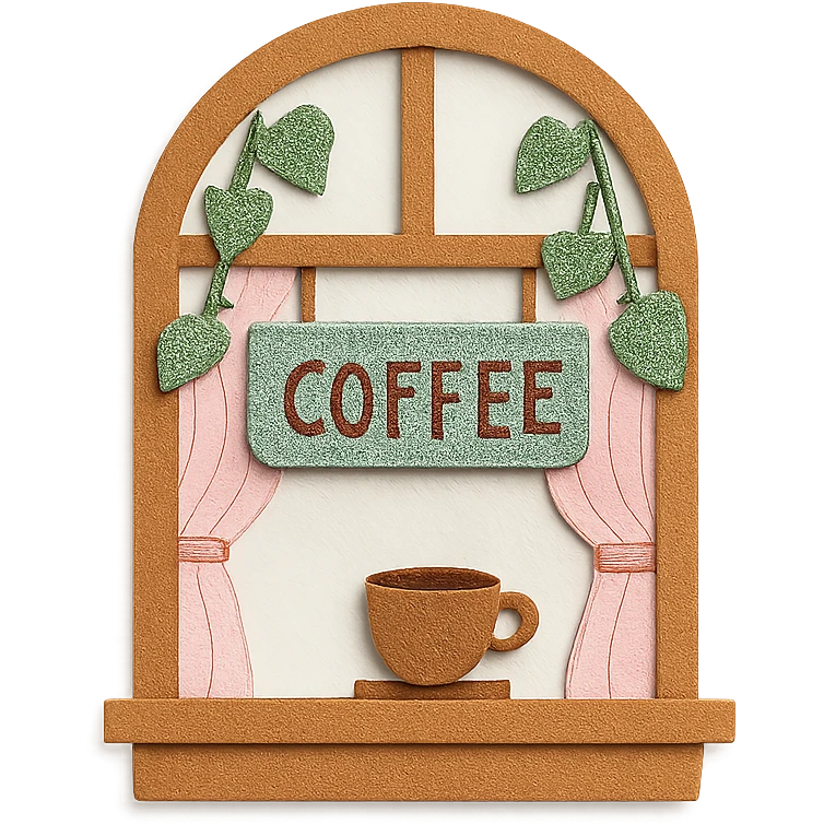 cute coffee shop window with leafy vines and pastel curtains, hand-drawn style emoji