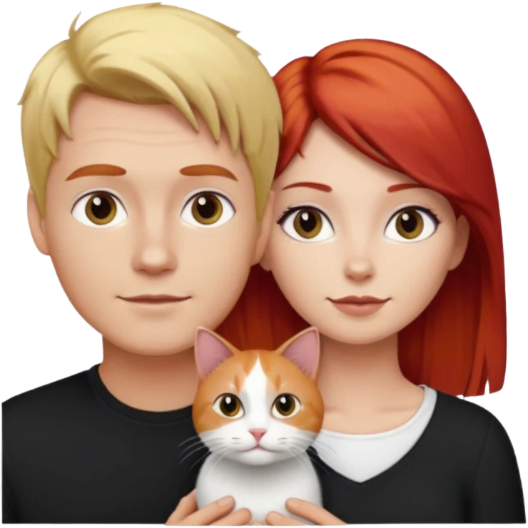 Casal com homem loiro e mulher ruiva e gato preto com branco emoji