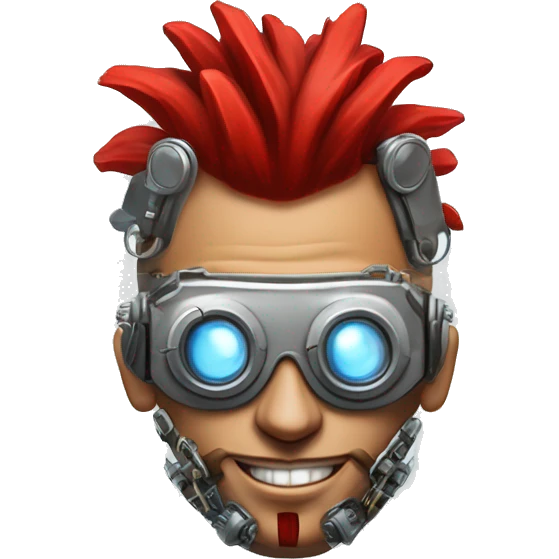 cyborg head with red Mohawk, red beard. silver steampunk monocle goggles a smile and circuits emoji