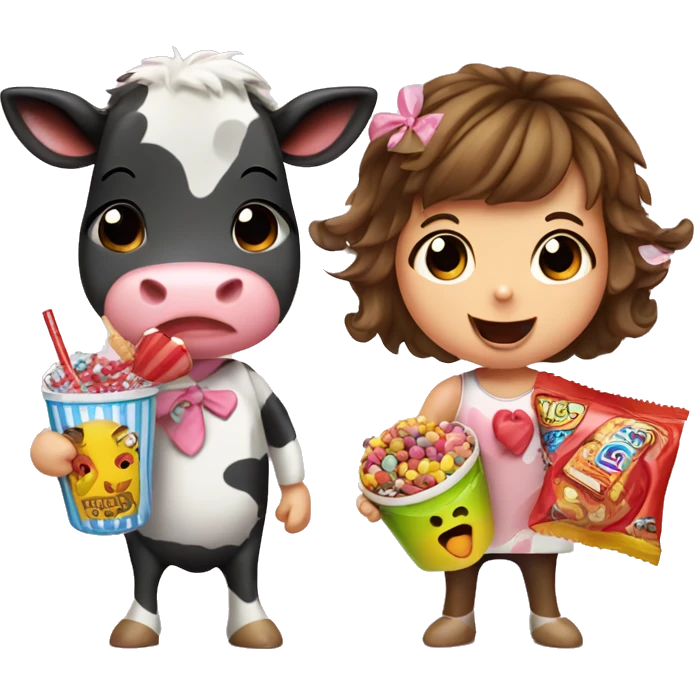 A cute girl cow and a cute boy cow. Both eating candy and snacks, surrounded by candy and snacks and drinks emoji