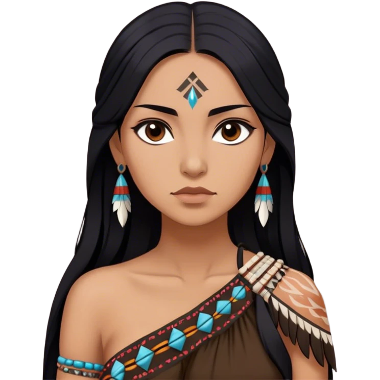 Cinematic Realistic Pocahontas Portrait, depicted with lifelike skin texture, soft natural lighting, and intricately detailed long, flowing raven-black hair that moves gracefully in the wind. Her deep, soulful dark brown eyes exude wisdom and strength, complemented by a serene yet powerful expression. She is dressed in her classic one-shoulder native american dress, with rich fabric textures and delicate beaded details that catch the light beautifully. The portrait features a soft, sun-kissed glow with a natural, radiant finish, capturing the essence of untamed beauty and deep connection to nature in a realistic and painterly style, evoking a sense of depth and authenticity. emoji