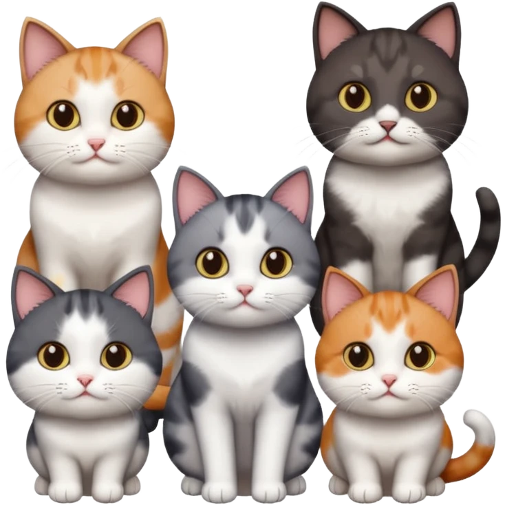 5 different coloured short haired cats including; a dark brown and white cat, and a dark grey and white, and a calico emoji