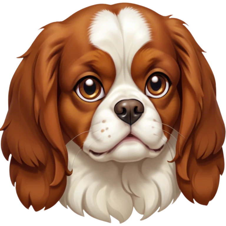 Cinematic Grumpy Blenheim Cavalier King Charles Spaniel Portrait Emoji, Head tilted slightly with a deeply unimpressed expression, thick Blenheim coat with pronounced chestnut and white markings, large, droopy brown eyes narrowed into an unamused glare, ears slightly drooping in exasperation, Simplified yet comically expressive features, highly detailed, glowing with a dry, sarcastic glow, high shine, effortlessly judgmental yet dignified, stylized with a touch of cynicism, bright but brooding, soft glowing outline, capturing the essence of an eternally unimpressed yet endearing companion, so lifelike it feels like it could sigh heavily at you in disdain at any moment! emoji