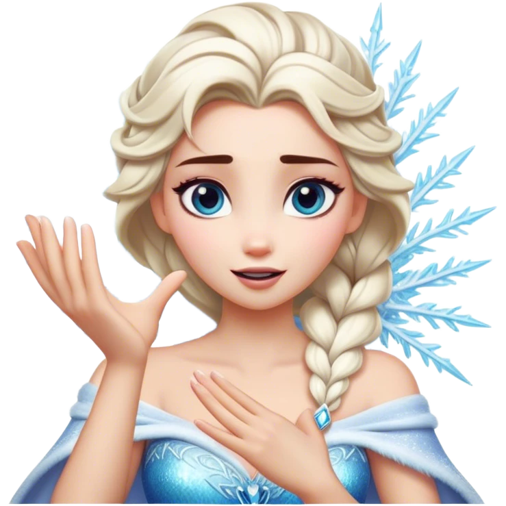 Cinematic Playful Elsa Portrait Emoji, Blowing frost from her hands in a dazzling display, eyes filled with mischief, exuding a magical charm that is both fun and enchanting! emoji