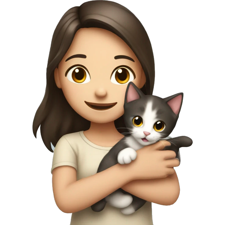Cute brunette girl holding a kitten in joy emoji