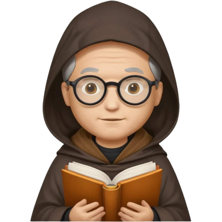 Monk priest prayer black habit with hood round black glasses done light brown wavy hair under hood remove the medallion smaller more round glassed age 46 no necklace more oval face hand holding book that says RB 480 top left is great add a little hair brown gray under hood  emoji