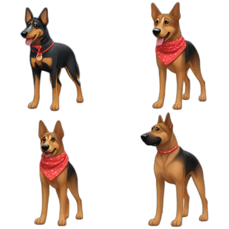 coonhound and German shepherd mix dog wearing small plain red bandana and walking left emoji