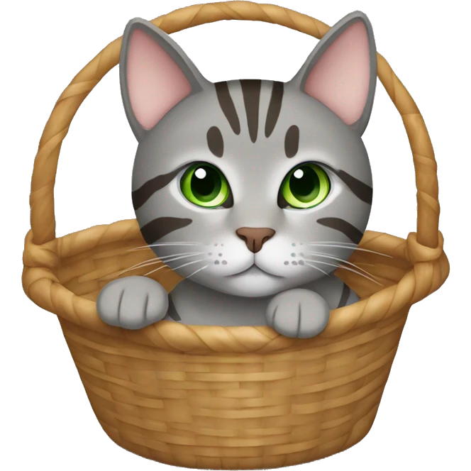 Gray and brown tabby cat with green eyes sitting in a basket emoji